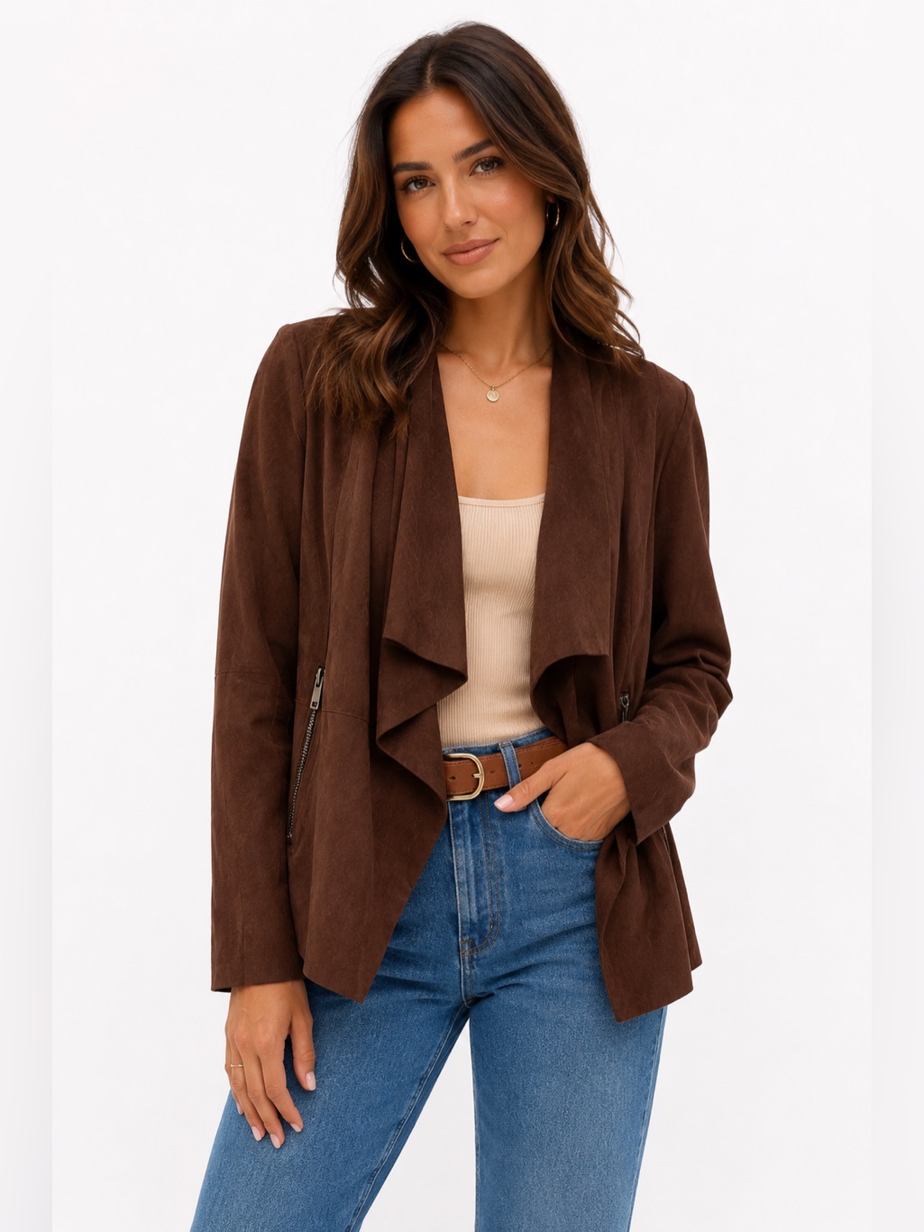 Bagatelle Collection Faux Suede Draped Open-Front Jacket Brown Size Small